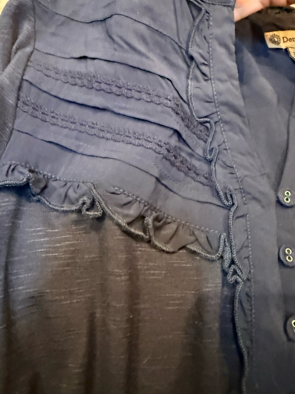Democracy XS Navy Ruffle Henley Blouse Pintuck Long Sleeve Boho Festival Top - Picture 9 of 13